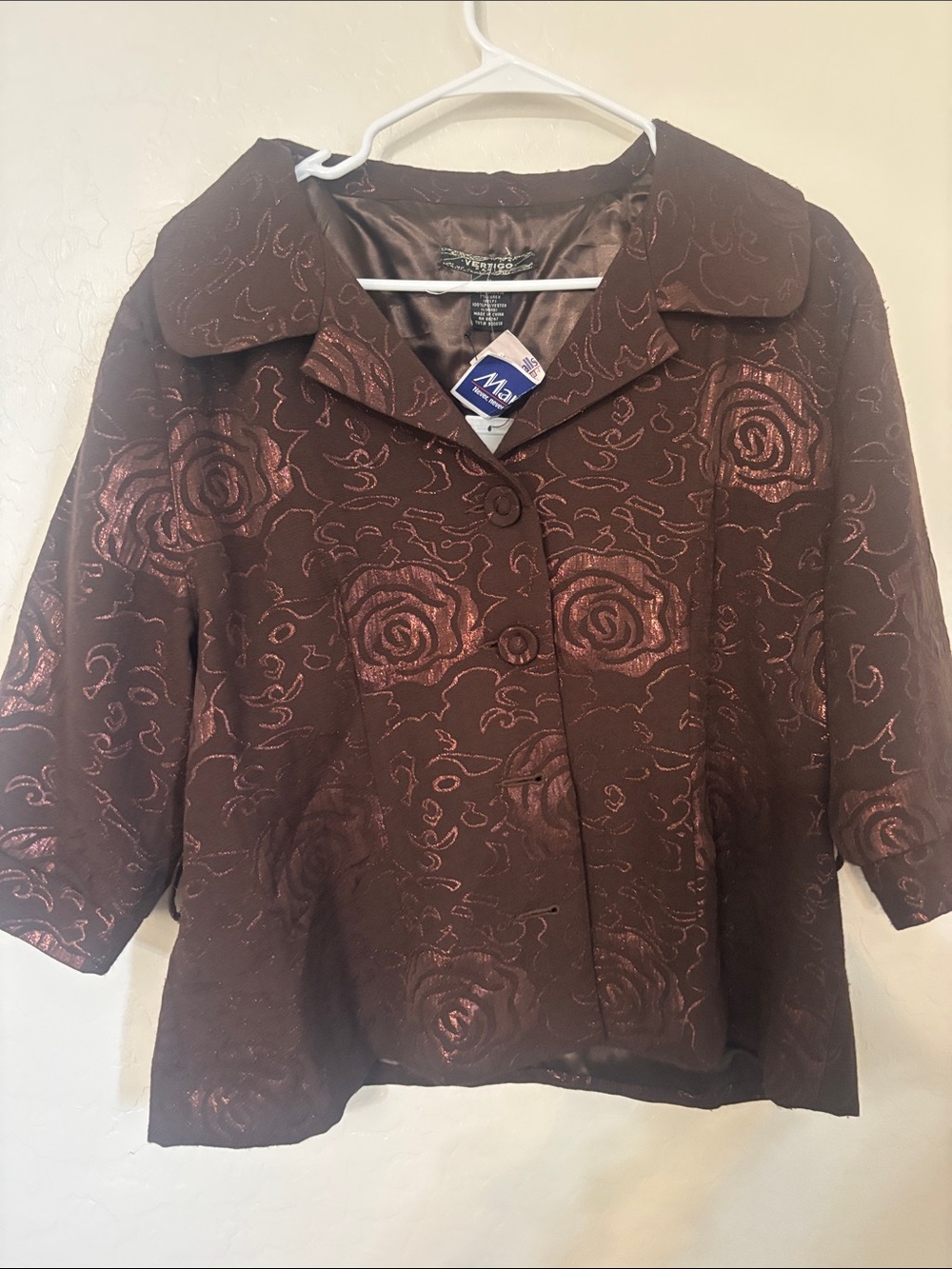 Vertigo Paris Metallic Rose-Patterned Burgundy Jacket